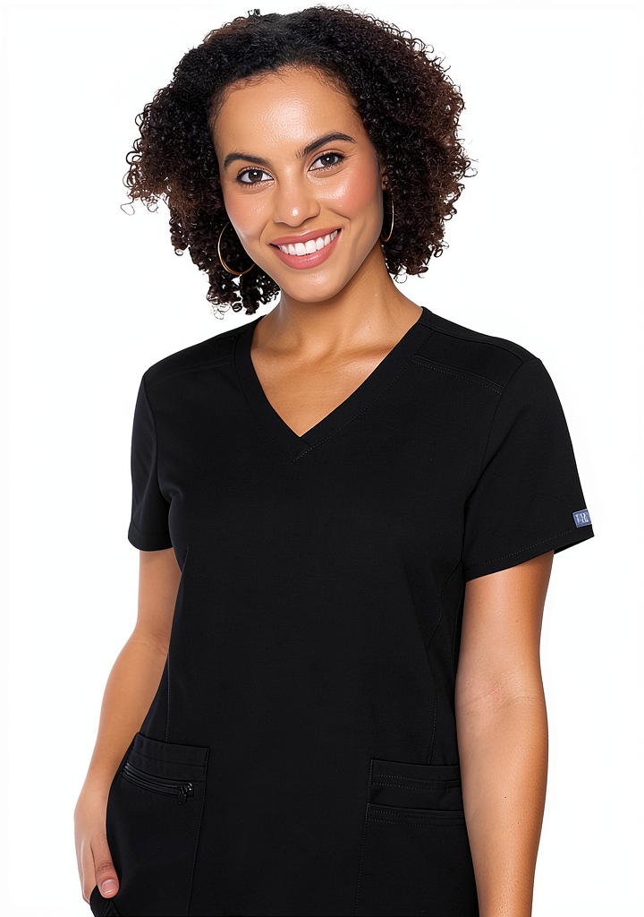 Med Couture womens scrub top in navy color showing v-neck and pocket details