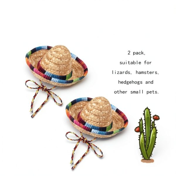 2 Pcs Bearded Dragon Sombrero Hats with Chin Strap, Adjustable Lizard Straw Hat, Mexican Hamster Clothes Small Pet Costume Accessories for Reptile Hamster Leopard Gecko Ferret Guinea Pig-1