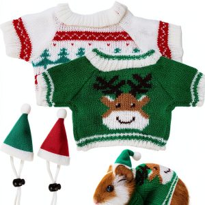 DECHOUS 2 Sets Guinea Pig Christmas Outfits with Mini Hats Festive Hamster Christmas Sweaters Ferret Knitted Clothes for Small Animals-0