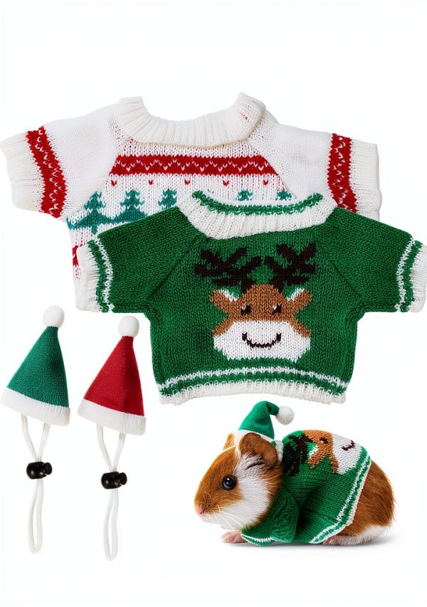 DECHOUS 2 Sets Guinea Pig Christmas Outfits with Mini Hats Festive Hamster Christmas Sweaters Ferret Knitted Clothes for Small Animals-0