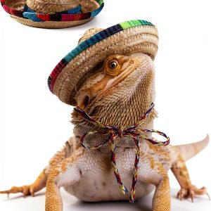 2 Pcs Bearded Dragon Sombrero Hats with Chin Strap, Adjustable Lizard Straw Hat, Mexican Hamster Clothes Small Pet Costume Accessories for Reptile Hamster Leopard Gecko Ferret Guinea Pig-0
