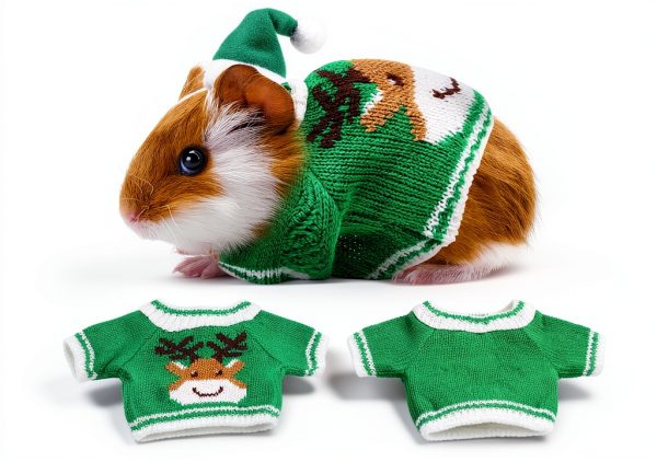 DECHOUS 2 Sets Guinea Pig Christmas Outfits with Mini Hats Festive Hamster Christmas Sweaters Ferret Knitted Clothes for Small Animals-4