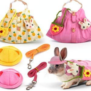 Rabbit Dress Bunny 2 Set, Rabbit Costume, Adjustable Pet Clothes with Leash, Hat, Mini Bag and Sling, Small Animal Accessories, Suitable for Rabbits, Ferrets, and Squirrels-0