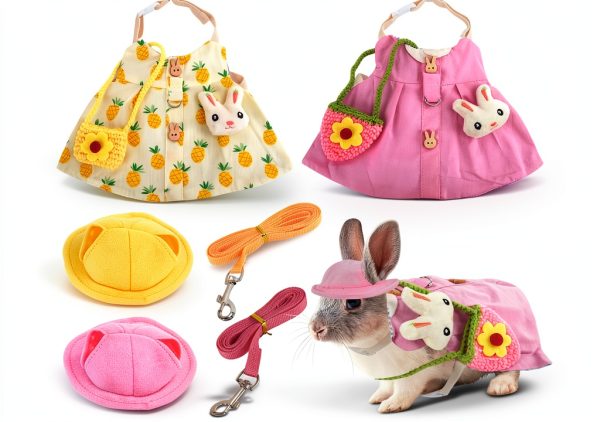 Rabbit Dress Bunny 2 Set, Rabbit Costume, Adjustable Pet Clothes with Leash, Hat, Mini Bag and Sling, Small Animal Accessories, Suitable for Rabbits, Ferrets, and Squirrels-0